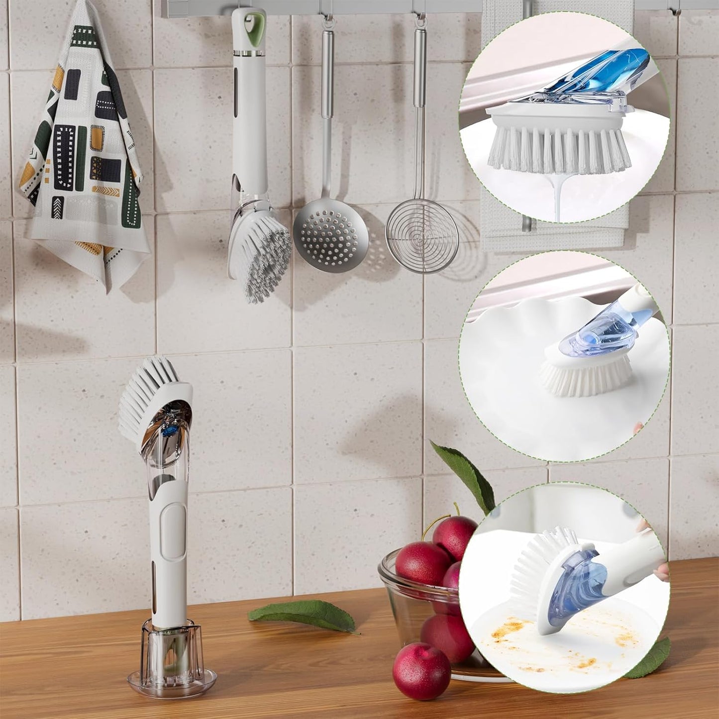 Soap Dispensing Replacement Dish Brush Storage Set with 2 PCS Brush Refills & Holder - RIMAY Dispenser Scrub Cleaning Scrubber Kitchen Dishwashing Dish Wand Handle for Dishes/Pans/Pots/Sink(Black)