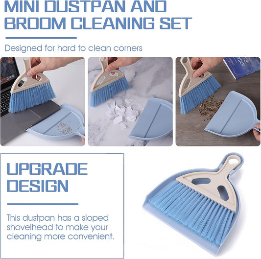 cobee Small Broom and Dustpan Cleaning Set, Mini Whisk Dustpan and Brush with Handle Portable Table Top Dust Pan Dining Table Crumb Sweeper Cleaning Tools with Soft Bristles for Housekeeping(Blue)