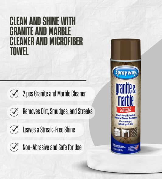 2x Sprayway Granite and Marble Cleaner 19 oz Spray Bundle with Microfiber Cloth – Cleans and Polishes Natural Stone Surfaces – Granite Countertop Cleaner – Gift Set (3 Items)