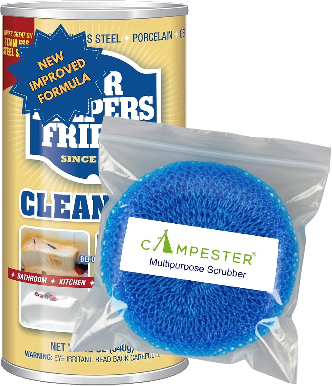 Powdered Cleanser 12 oz with Nylon Scourer Scrubber – Multi-Surface Rust, Stain & Mineral Deposit Remover for Kitchen, Bathroom, Cookware & Appliances