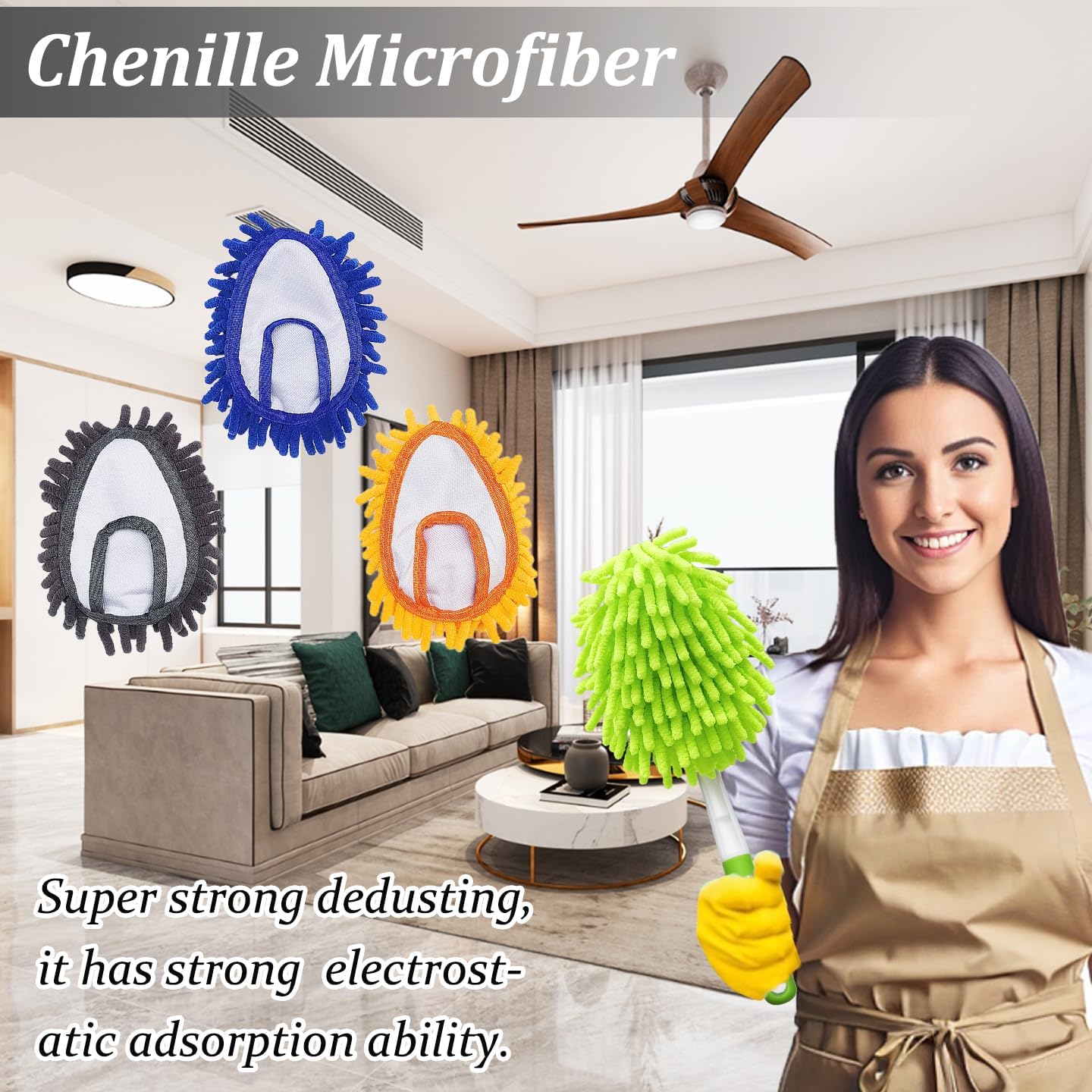 13 Inch Microfiber Feather Duster,with 4 pcs Washable Duster Head, Car Duster, Perfect for Cleaning Windows, Tables, Cars,Furniture, Walls, Fans, Screens