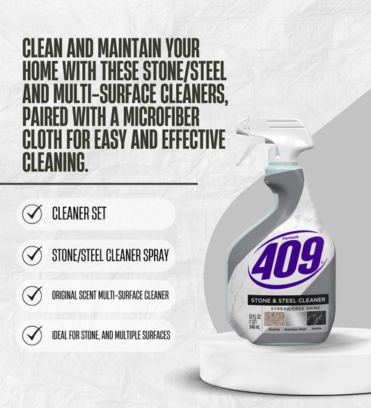 Formula 409 Stone/Steel Cleaner 32 oz Spray and Formula 409 Original Scent Multi-Surface Cleaner Liquid 64 oz Bundle with Microfiber Auto Cleaning Cloth – Stone and Countertop Care Gift Set (3 Items)