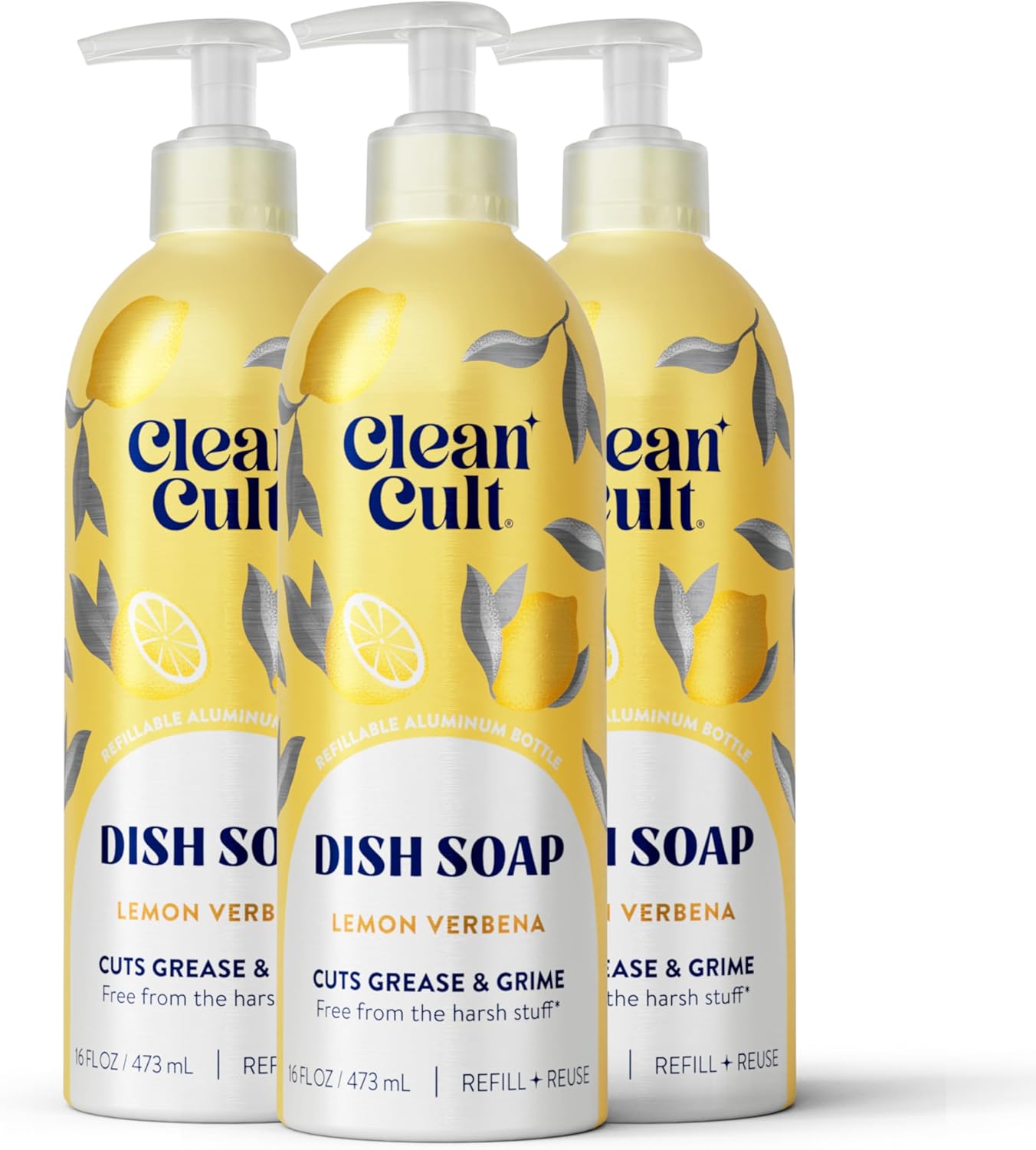 Cleancult - Lemon Verbena - Liquid Dish Soap - Refillable Aluminum Bottle - Dish Soap that Cuts Grease & Grime - 16 oz - 1 Pack