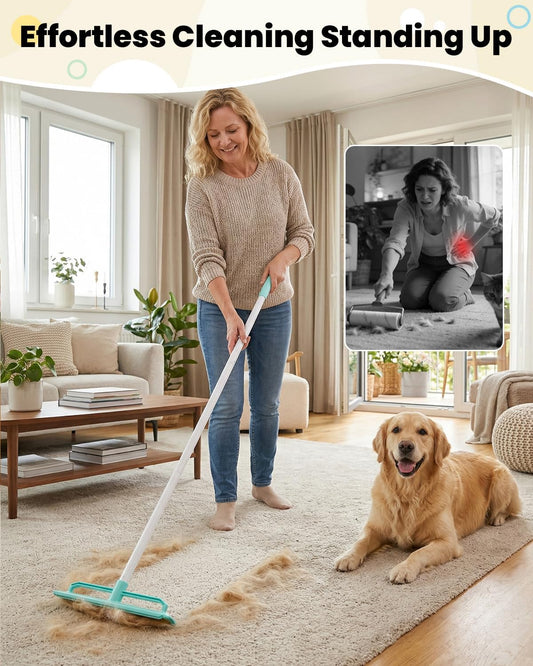 Carpet Rake for Pet Hair Removal - 5-in-1 Dual-Sided Rubber & Metal Carpet Scraper Tool with 60" Adjustable Handle, Cleaning Set for Dog and Cat Fur on Furniture, Short Pile Carpets, Rugs