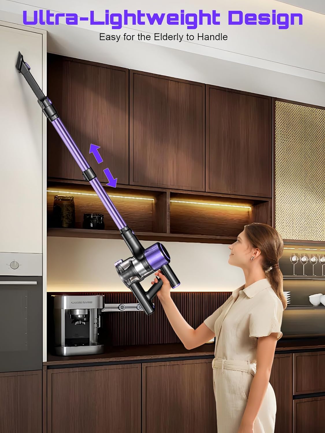 Cordless Vacuum Cleaner, 10 in 1 Stick Vacuum with Powerful Suction, Hose, Green LED Light, Anti-Tangle Brush, Lightweight Rechargeable Vacuum Cleaner for Home, Hardwood Floors,Pet Hair (Purple)