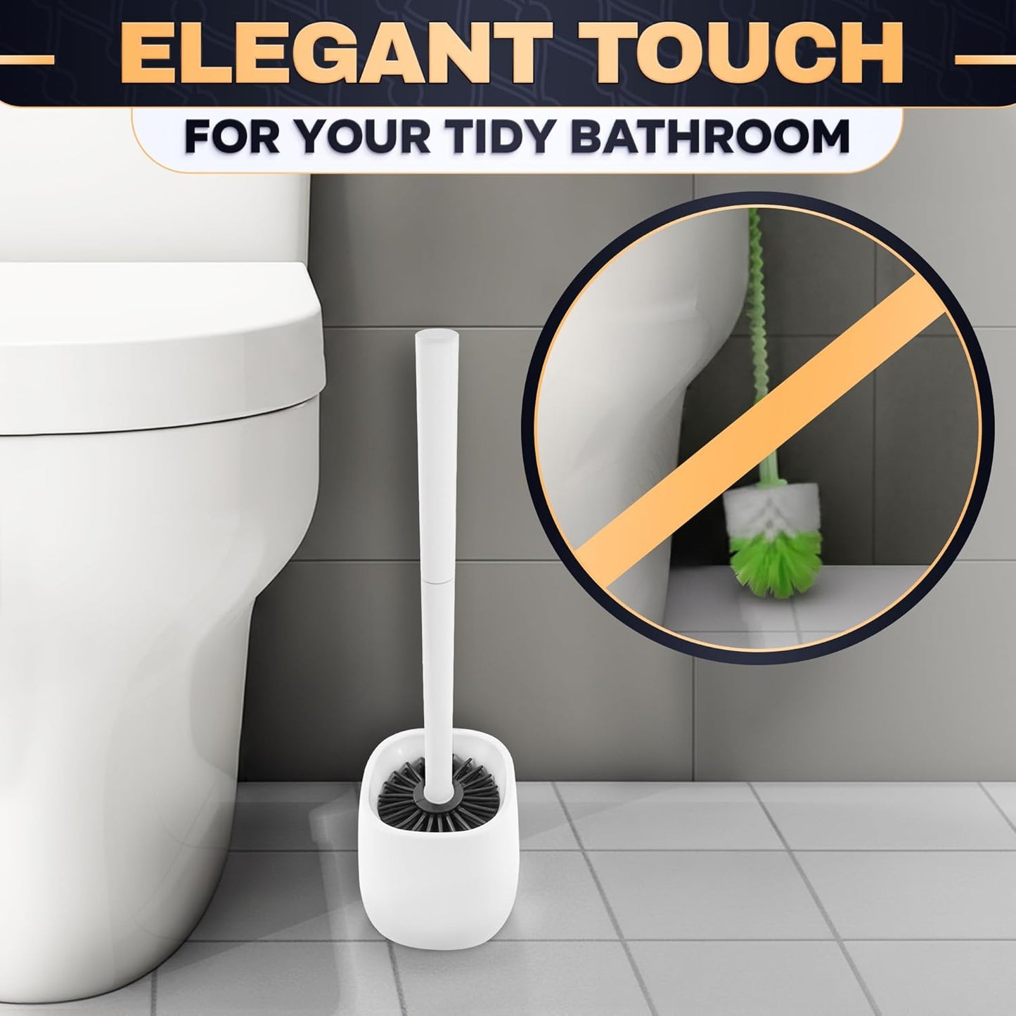 Toilet Brush and Holder Set - Silicone Toilet Brush Cleaner with Dark Grey Holder Base, Compact Accessory for Small Spaces - Easy to Place & Simple to Store After Use, Plastic Bathroom Cleaning Tool