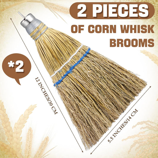 Suclain 2 Pcs 12 Inch Whisk Broom Hand Held Mini Corn Straw Whisk Broom Short Handle with Metal Hanger Halloween for Multi Surface Sweeping Small Hand Brush for Outdoor Car Porch Debris Dust Dirt