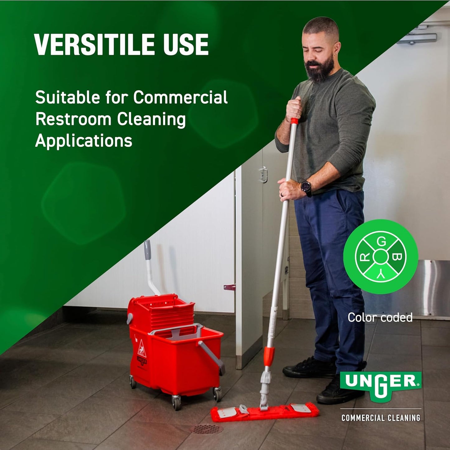 Unger Commercial - SmartColor Dual-Compartment Restroom Mop Bucket with Side-Press Wringer, 16 qt, Red - Restroom Cleaning - COMSR