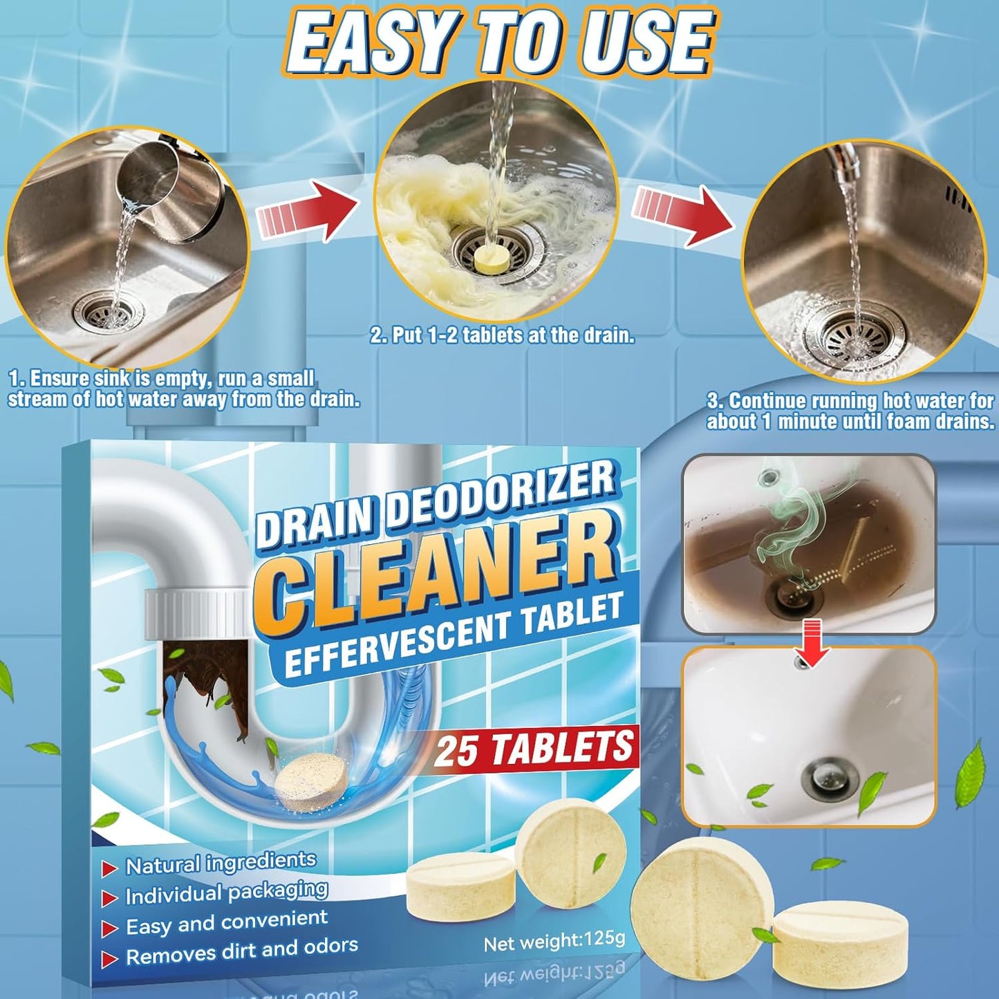 Drain Cleaner Tablets, 25 Pack Garbage Disposal Cleaner and Deodorizer, Effervescent Sink Drain Odor Remover for Kitchen Sink, Toilet and Septic Tank