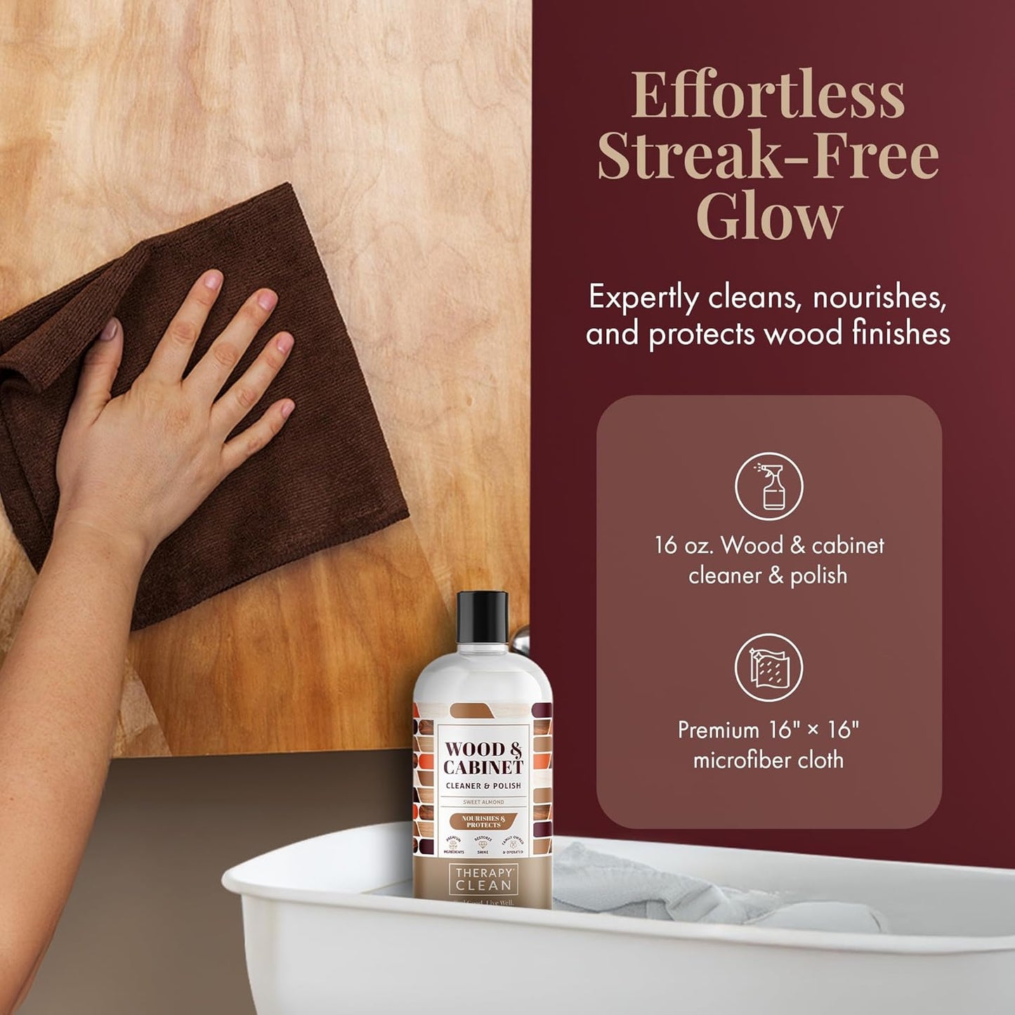 Therapy Wood Polish Bundle with Microfiber 16 oz. - Wood Furniture Polish, Best Furniture Cleaner - Almond Scent - Cleaner, Cabinet and Table Restorer, Natural Conditioner