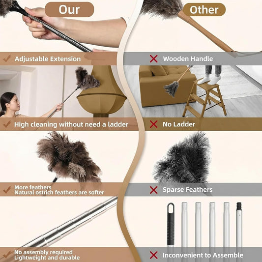 Extendable Ostrich Feather Duster 26"-79", Real Fluffy Ostrich Feather Duster, Telescoping Handle for High Ceiling Cleaning, Fan Dust Removing, Furniture, Car Cleaning – Standard Threaded Interface