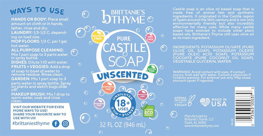 Brittanie's Pure Organic Castile Liquid Olive Oil Soap Refill, 1 Gallon Unscented | Face, Body Wash, All Purpose Cleaner, Dishes, Pets, Laundry | Vegan, Biodegradable, Made in USA