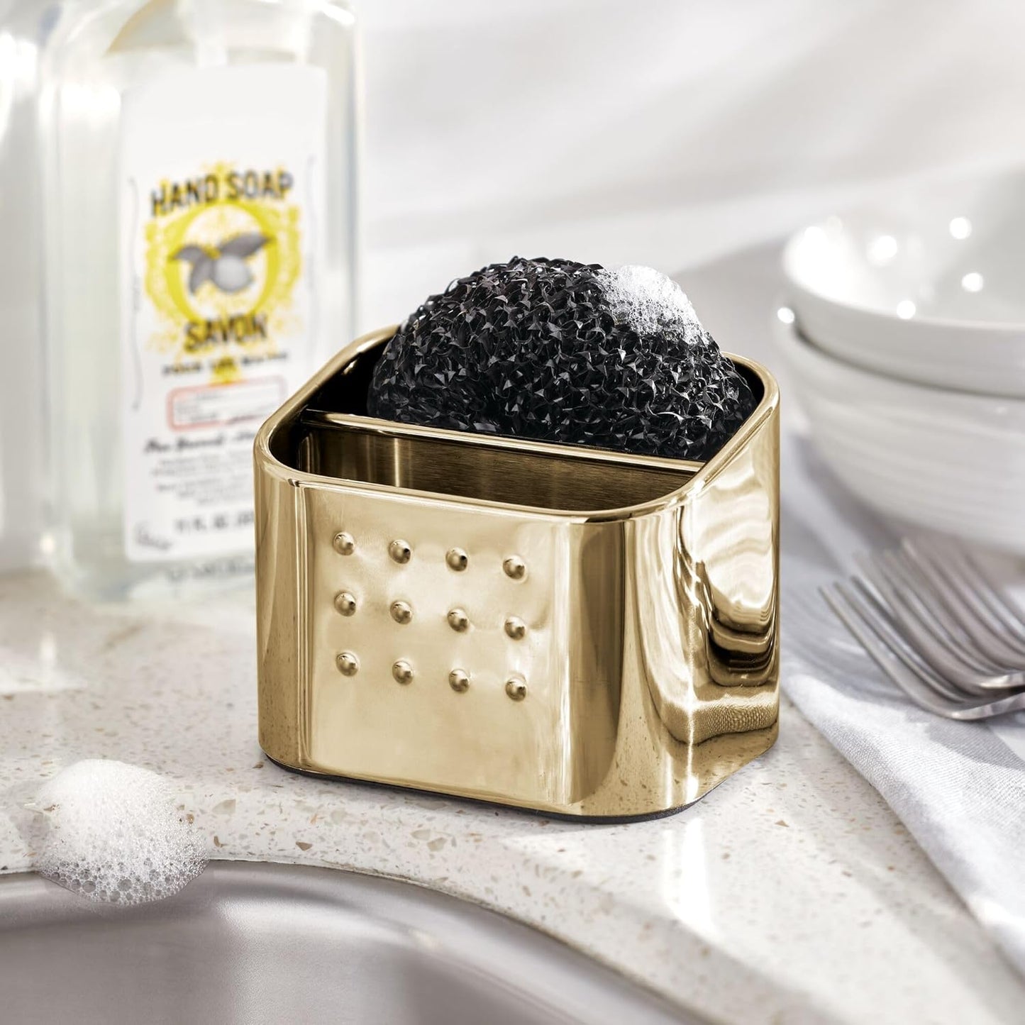 iDesign Stainless Steel Sponge and Scrubber Holder with 2 Compartments for Kitchen Sink - Brushed