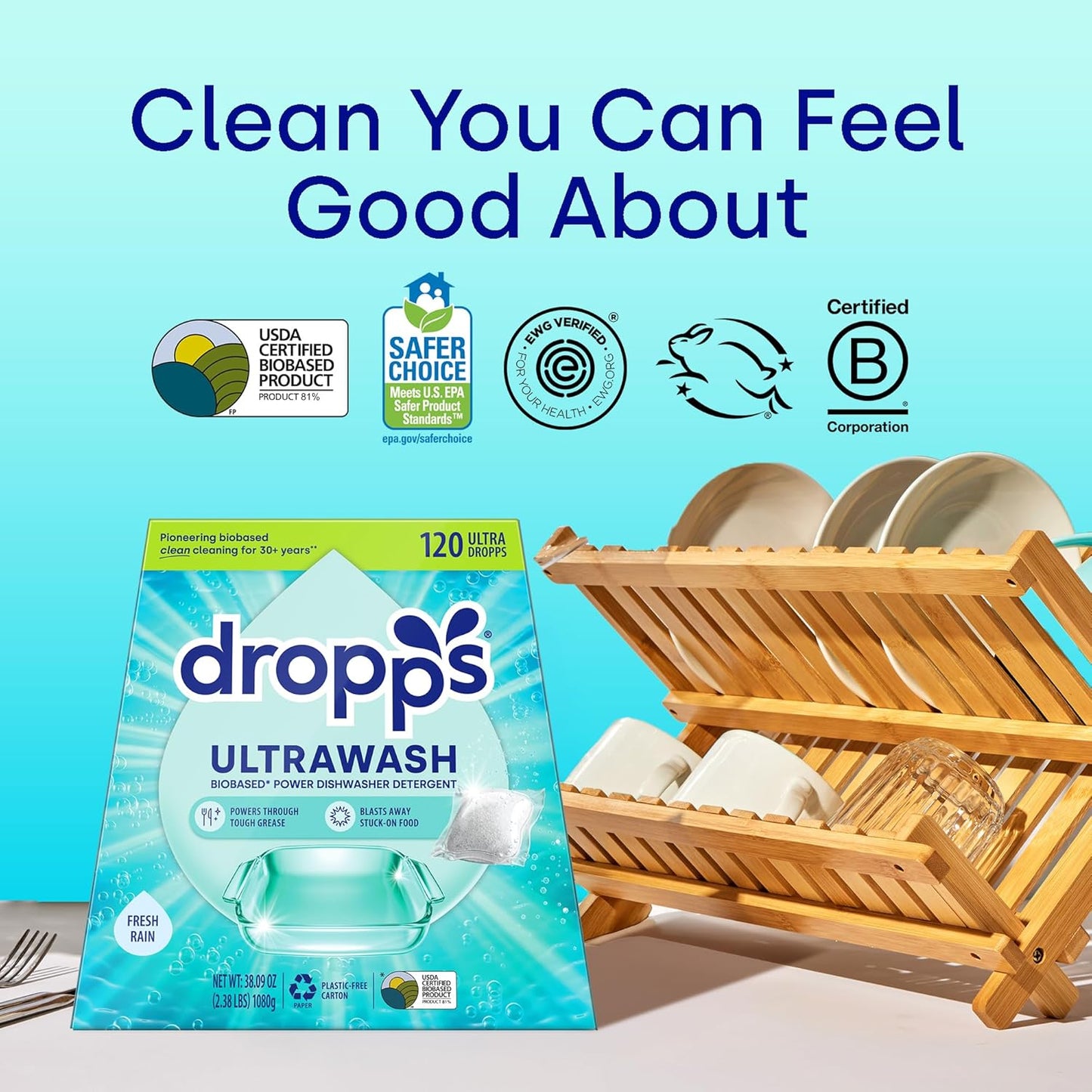 Dropps UltraWash Dishwasher Detergent Pods, Lemon Citrus (32 Ct) - Cuts Grease & Stuck-On Food | Sparkling Dishes & Glasses | Residue-Free | Clean Ingredients | No Pre-Rinse | Plastic Free Packaging