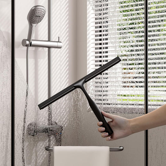 Shower Squeegee for Glass Doors, Shower Squeegee for Tile Shower Walls, Stainless Steel Squeegee for Bathroom, Windows and Mirrors with Storage Hook-12”, Black