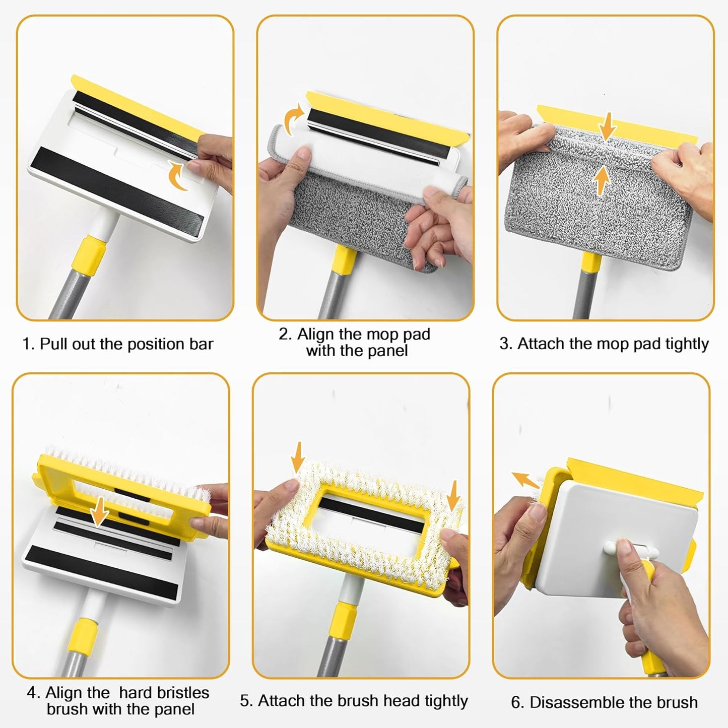 JEHONN Baseboard Cleaner Tool with Handle, 56 inches Base Boards Cleaning Mop Scrubber, 1 Stiff Bristles Brush, 2 Chenille and 2 Microfiber Pads, Wall Duster for Floorboard Ceiling Window Tile