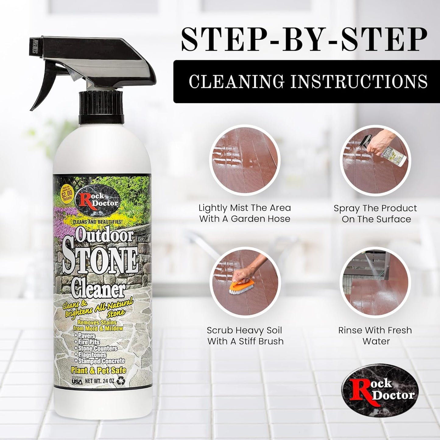 Rock Doctor Outdoor Stone Cleaner, Natural Cleaning Solution Removes Stains and Discoloration, Brightens Granite, Pavers, Fire Pits, and Concrete, Plant and Pet Safe, 24 oz Pack of 2