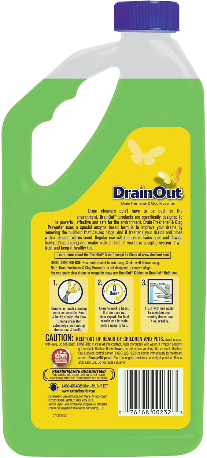 OUT Drain Cleaner & Odor Eliminator, Clog Preventer and Buildup Remover, Fresh Citrus, 32 Ounce