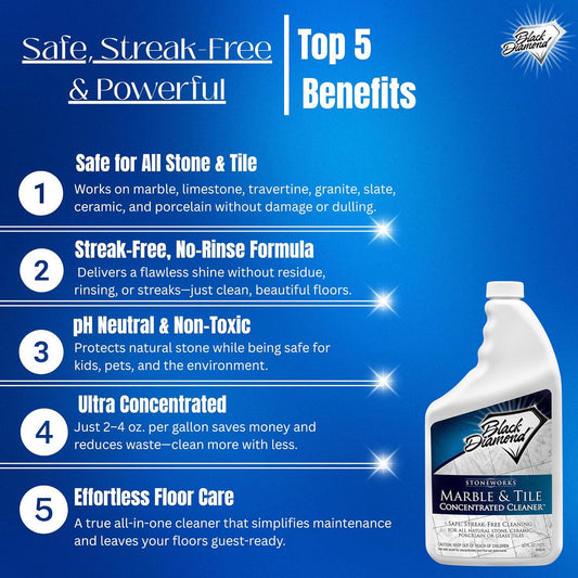 Black Diamond Stoneworks Marble & Tile Floor Cleaner Concentrate, pH Neutral, Streak-Free & No-Rinse Formula for Granite, Travertine, Limestone, Slate, Ceramic & Porcelain Floors (1 Quart)