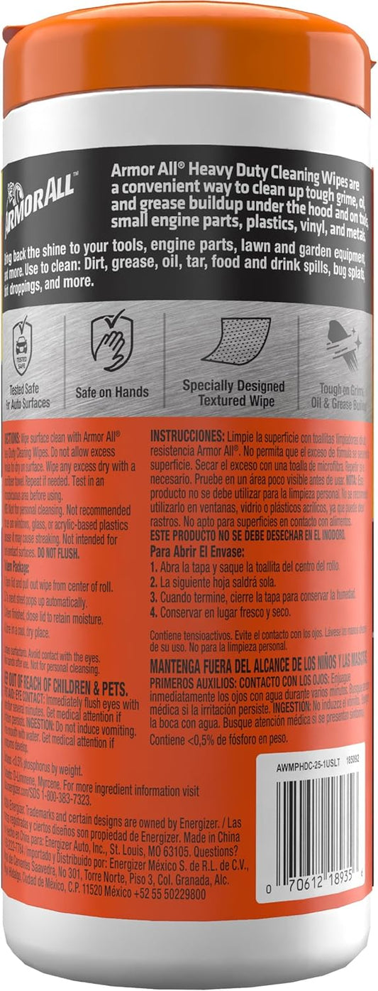Armor All Heavy Duty Car Cleaning Wipes , Car Wipes for Dirt, Grease and Oil, 25 Count