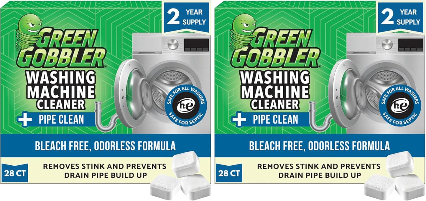 Green Gobbler Premium Washing Machine Cleaner & Deodorizer Tablets with Pipe, Drain & Hose Clean Technology | Front & Top Load Washers | 28 Count