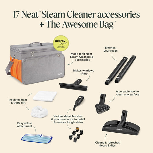Dupray Neat Steam Cleaner with the Awesome Bag, Multipurpose Steamer for Floors, Grout & Upholstery, Chemical-Free Cleaning, Large Tank, 18-Piece Accessory Kit