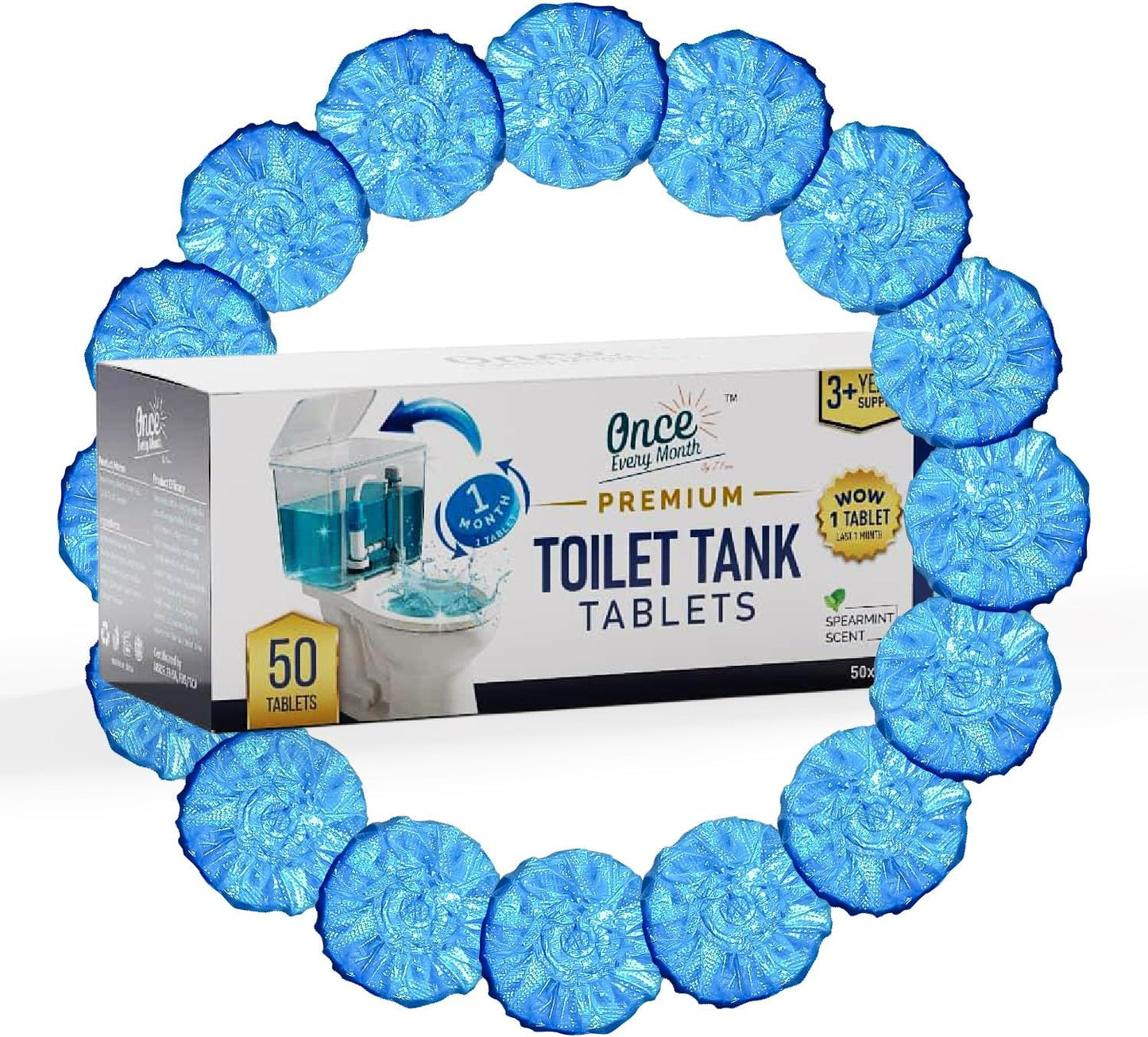 Once Every Month Premium Toilet Tank Cleaning Tablets, 300 Flush Count(50 Tablets),Long Lasting Automatic Cleaner, Spearmint Scent