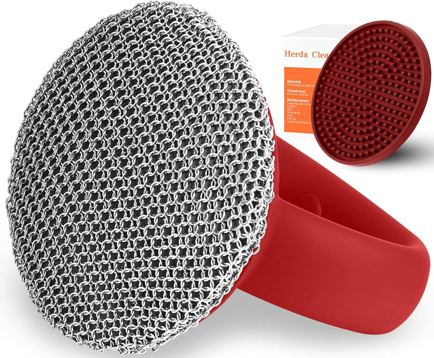 Cast Iron Cleaner Scrubber with Heavy Duty Handle, 3mm Welded Chain Mail Scrubber for Pan Pot Cleaning - Small Ring Chainmail Scrubber Metal Scrub Sponge Skillet, Oven, Griddle, Wok Brush