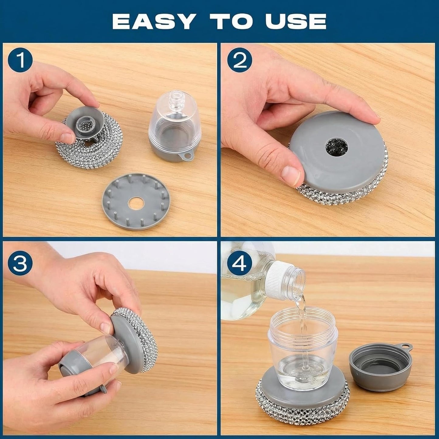 Comfort Grip Soap Dispensing Kitchen Scrub, Heavy Duty Kitchen Scrub Brush with Comfort Grip, Replaceable Cleaning Balls, Non-Slip Handle for Dishes, Pots, Pans, Sinks & Countertops (2 + 4pcs Balls)