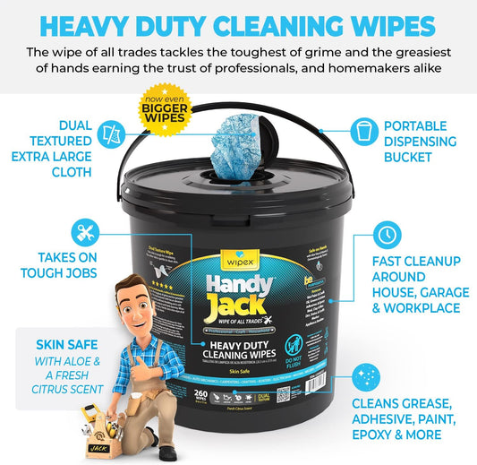 Wipex Handy Jack Heavy Duty Wipes, Dual Texture Cleaning Cloth, Use on Hands, Equipment, Tools - Removes Paint, Adhesives, Oil, Grease, & Dirt, Bulk Size, 260 Count (Pack of 1)