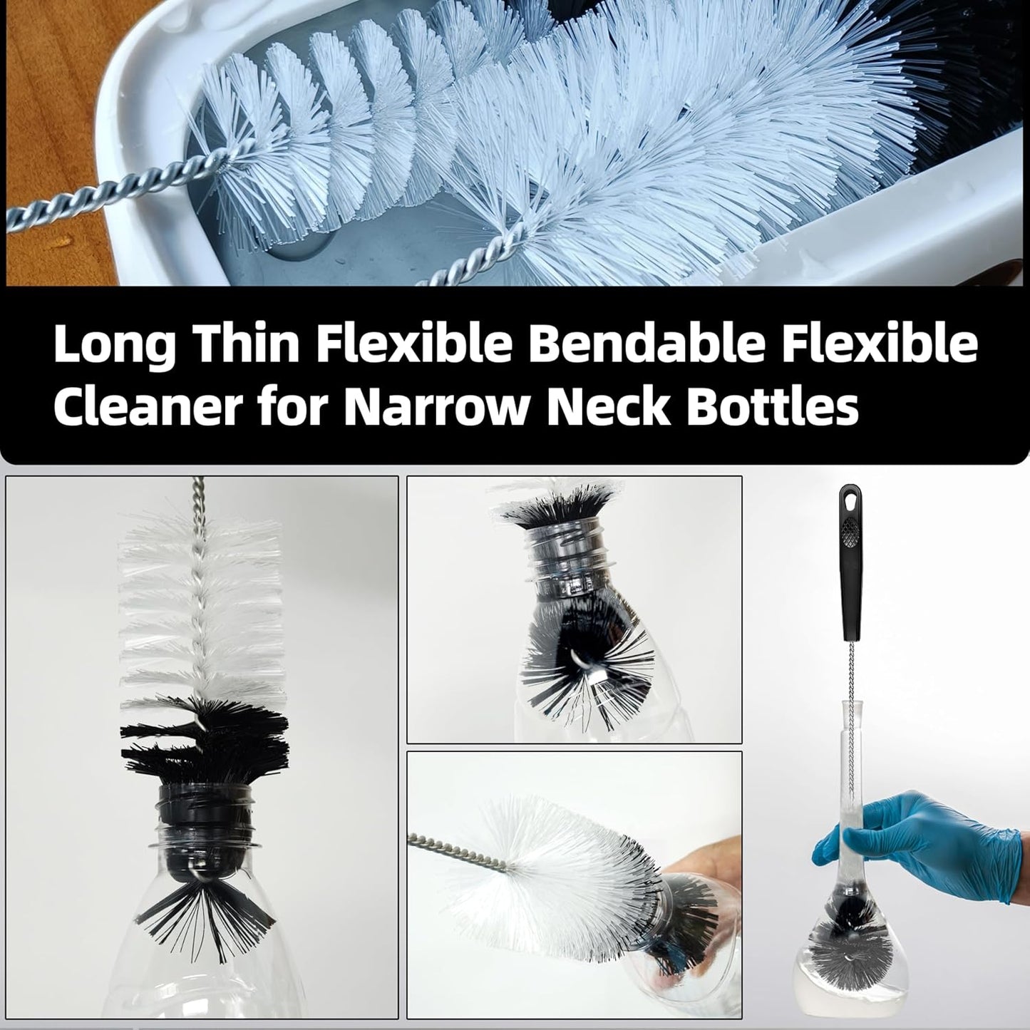 2 Pcs Bottle Brushes Set, Long Thin Flexible Bendable Flexible Cleaner for Narrow Neck Bottles, Water/Wine/Beer/Baby Bottles, Pipes, Tubes, Hoses, Teapots - Bendable & Dishwasher Safe