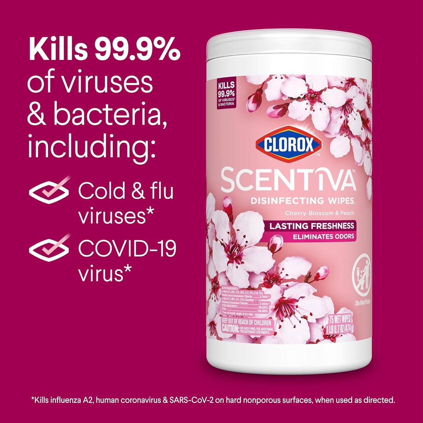 Clorox Scentiva Disinfecting Wipes, Coconut and Waterlily, Antibacterial, 75 Count