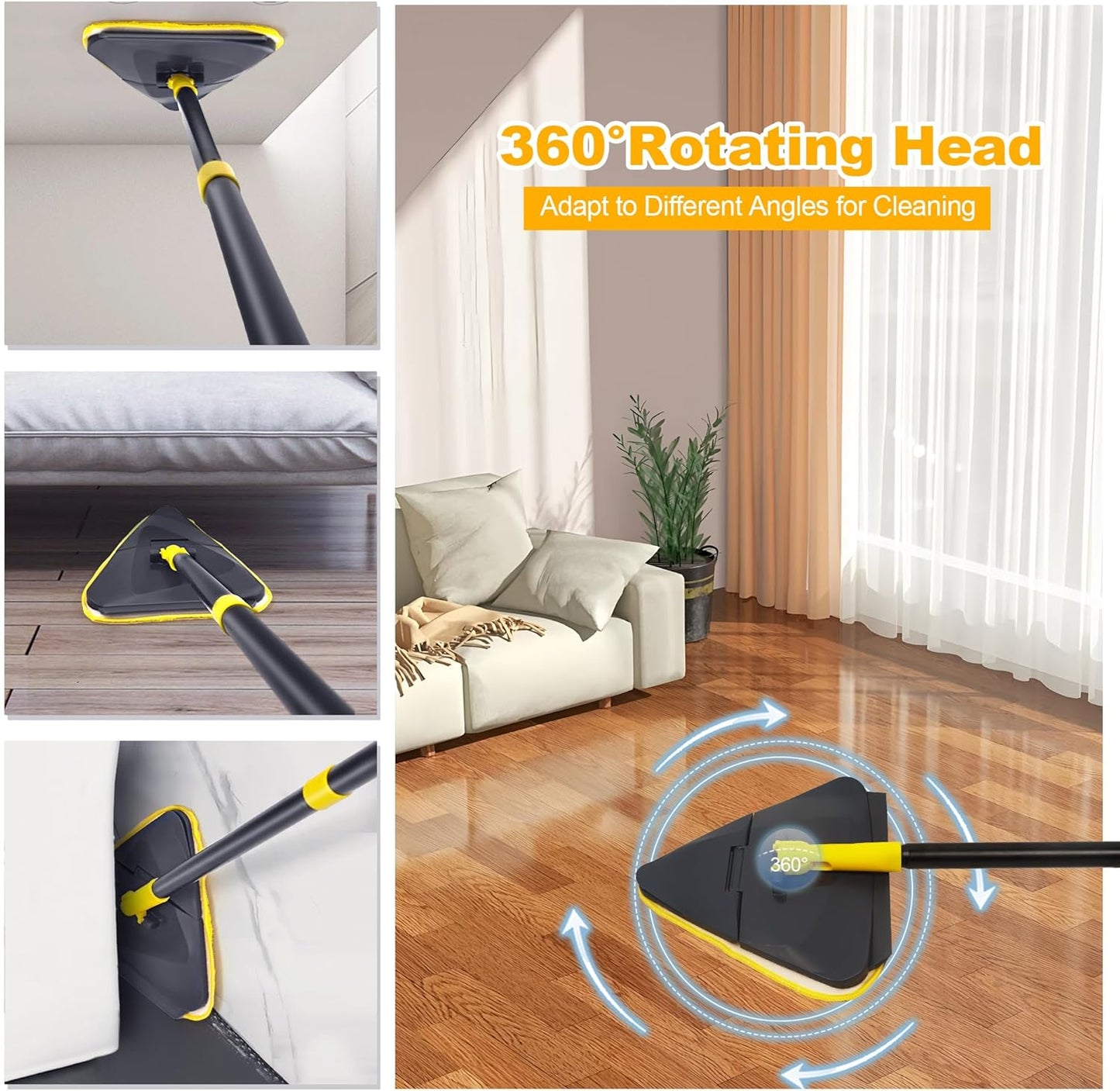 Wall Cleaner Mop with 82" Handle, 360° Rotating Triangle Head and Microfiber Pads, Built-in Squeegee for Ceiling Mop, Baseboard Cleaning and Windows