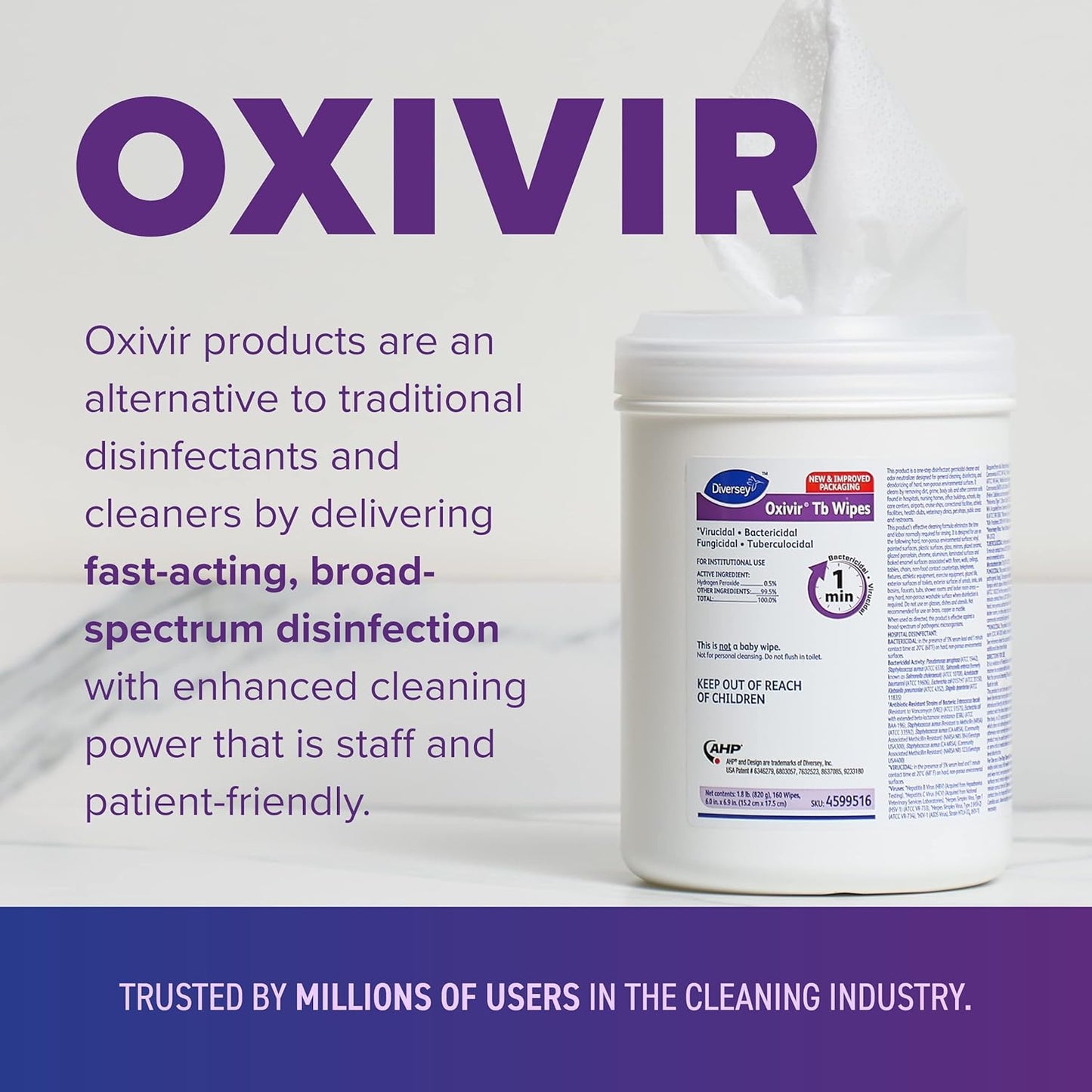 Oxivir Diversey Tb 5388471 Ready-to-Use Disinfectant Cleaning Wipes, Accelerated Hydrogen Peroxide, Large 7x8-Inch Sheets, 60-Wipes, 1-Slim Canister