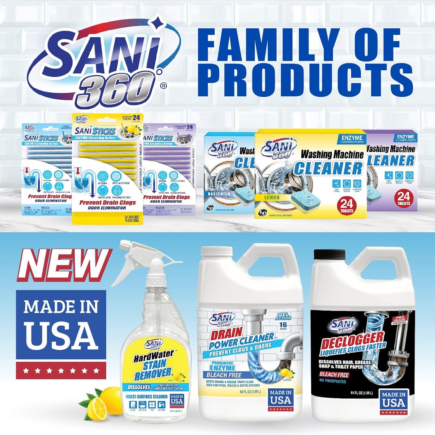 SANI 360° Hard Water Stain Cleaner (32 oz) 60 second multi-surface sealant and cleaner. Reduces buildup, calcium, limescale, rust, and soap scum. Lemon scent MADE IN USA
