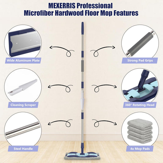 Microfiber Mops for Hardwood Floor Cleaning: MEXERRIS Flat Floor Mop with 4 Washable Pads 59" Adjustable Handle - Dust Dry Mops for Kitchen Bathroom Tile Laminate Wood Vinyl - Home Commercial Mop