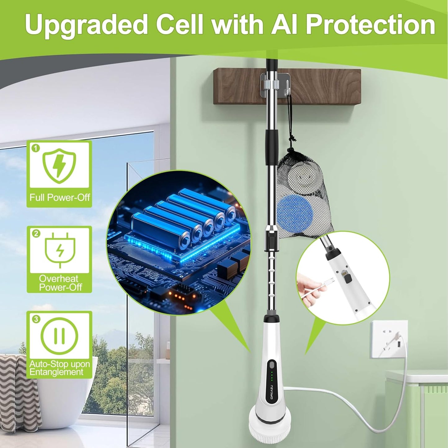 Electric Spin Scrubber, Dreazu IPX7 Shower Scrubber with 7 Replaceable Brush Heads & Retractable Handle, 2-Speed Adjustable Shower Cleaner for Bathroom,Toilet, Bathtub, Kitchen, Tile Floors