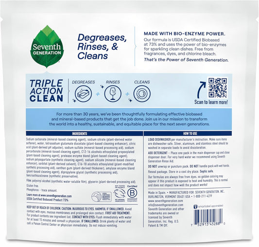 Seventh Generation Triple Action Clean Dishwasher Detergent Packs 1 pack Free & Clear For de-greasing and cleaning even the toughest food messes Fights 48-hr stuck-on food 8.9 oz