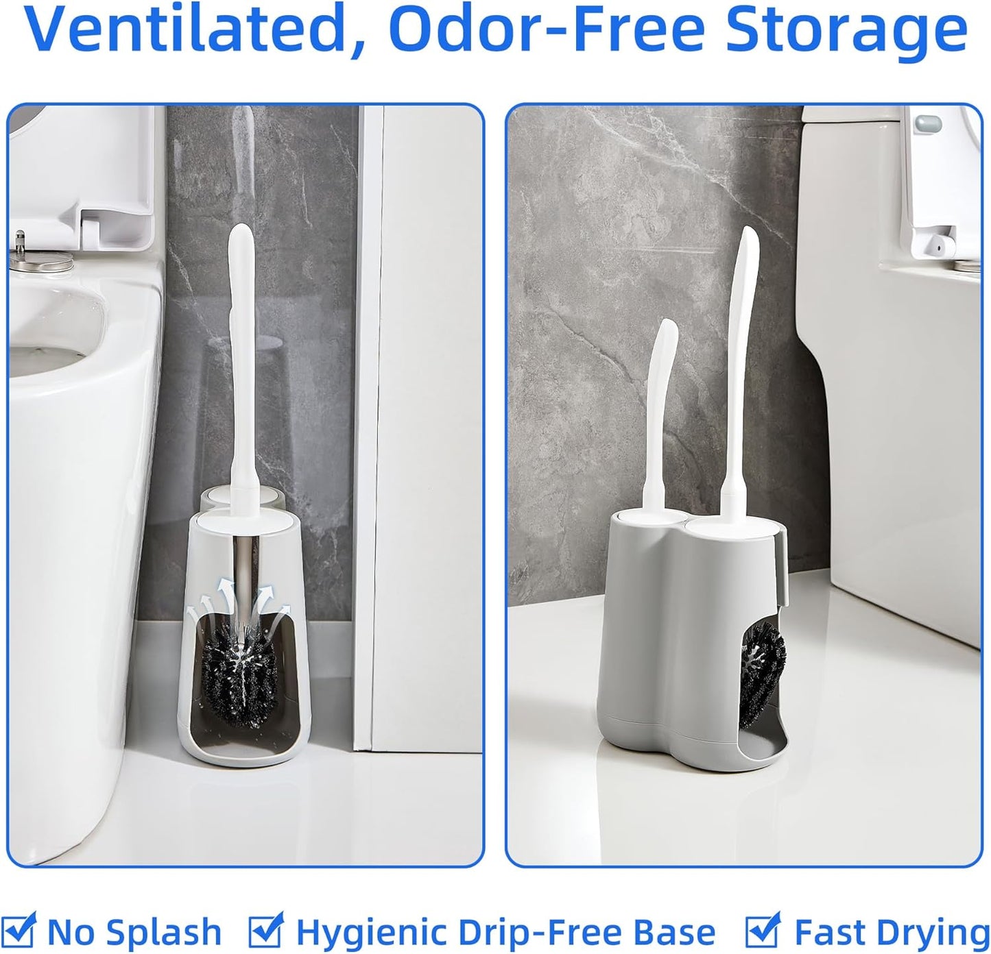 Toilet Brush and Holder Set with Pumice Stone – Long Handle Toilet Bowl Brush, Anti-Splash Scrubber, Ventilated Drip-Free Base, Deep Cleaner for Hard Water Stains, Limescale, Toilet Rings, Grey