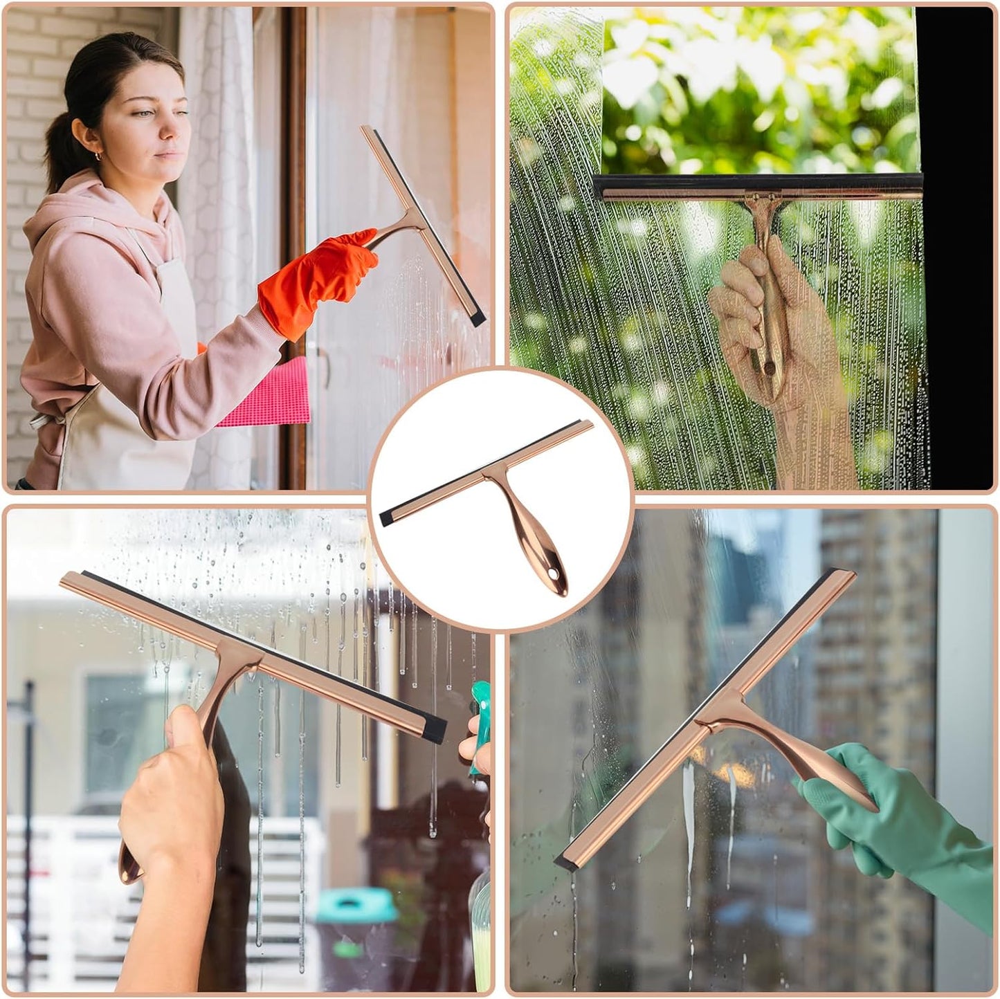 9.6 Inches All-Purpose Silicone Squeegee for Shower Doors with Adhesive Hook. Window Shower Cleaner Tool Suitable for Shower Glass Doors, Bathroom, Window and Car Glass.Rose Gold