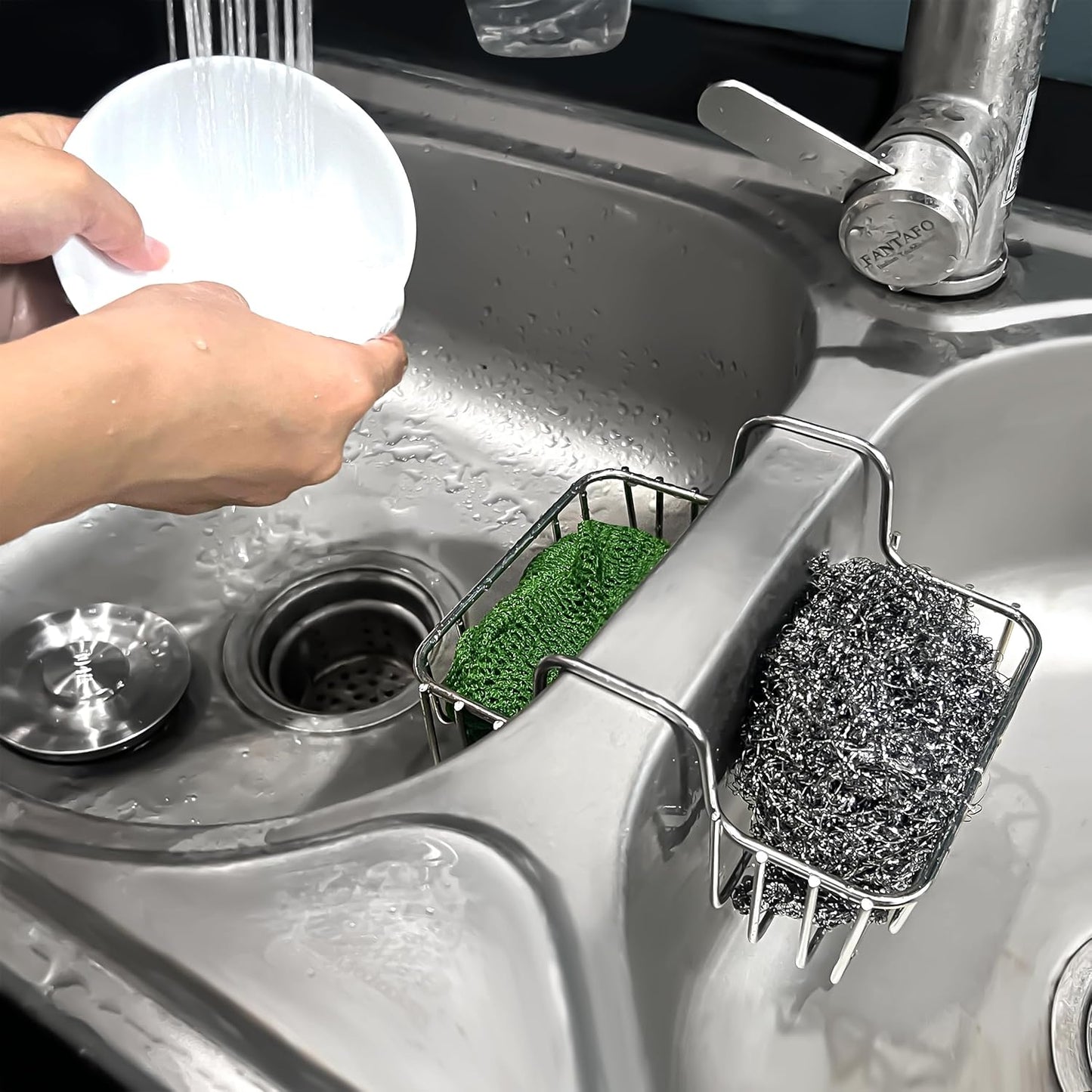 BuleVina Stainless Steel Sponge Holder for Kitchen Sink - Never Rust Hanging Saddle Double for Soap Kitchen Sink Caddy 2.2 inch, Rustproof Organizer for Dishwashing and Brush Drying