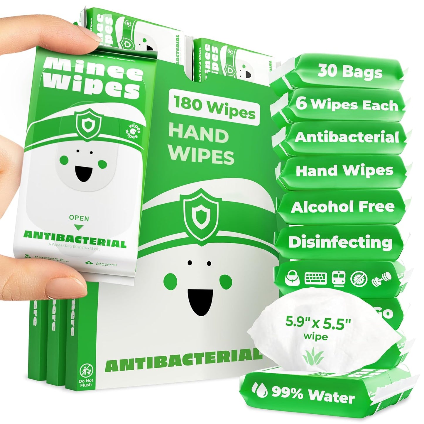 Impossibly Compact Travel Antibacterial Wipes Hand Sanitizer - 99.5% Water and Aloe - Safe for Sensitive Skin & Hypoallergenic Hand Wipes - Travel Essentials For Adults & Kids, 10 Pack Total 60 Wipe