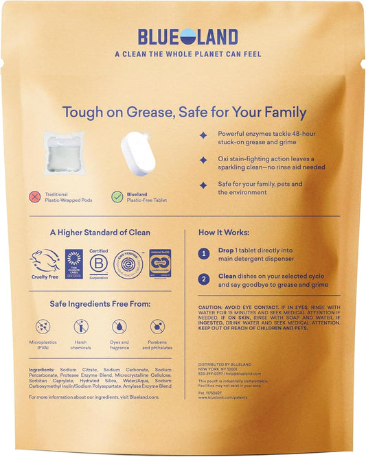 BLUELAND 100% Plastic-Free Dishwasher Detergent Tablets, 60 Count, Lemon Zest Scent, Eco Friendly Dishwashing Pods, Natural, USDA Certified biobased