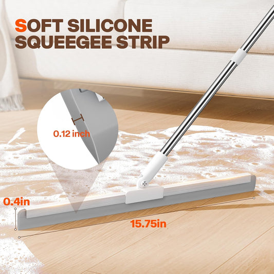 Silicone Squeegee for Floor, 180° Rotating Squeegee Broom, Floor Squeegee with a Long Handle, Squeegee for Water and Pet Hair Removal on Bathroom Floors, Tile, Glass, Indoor Window Cleaning Tool