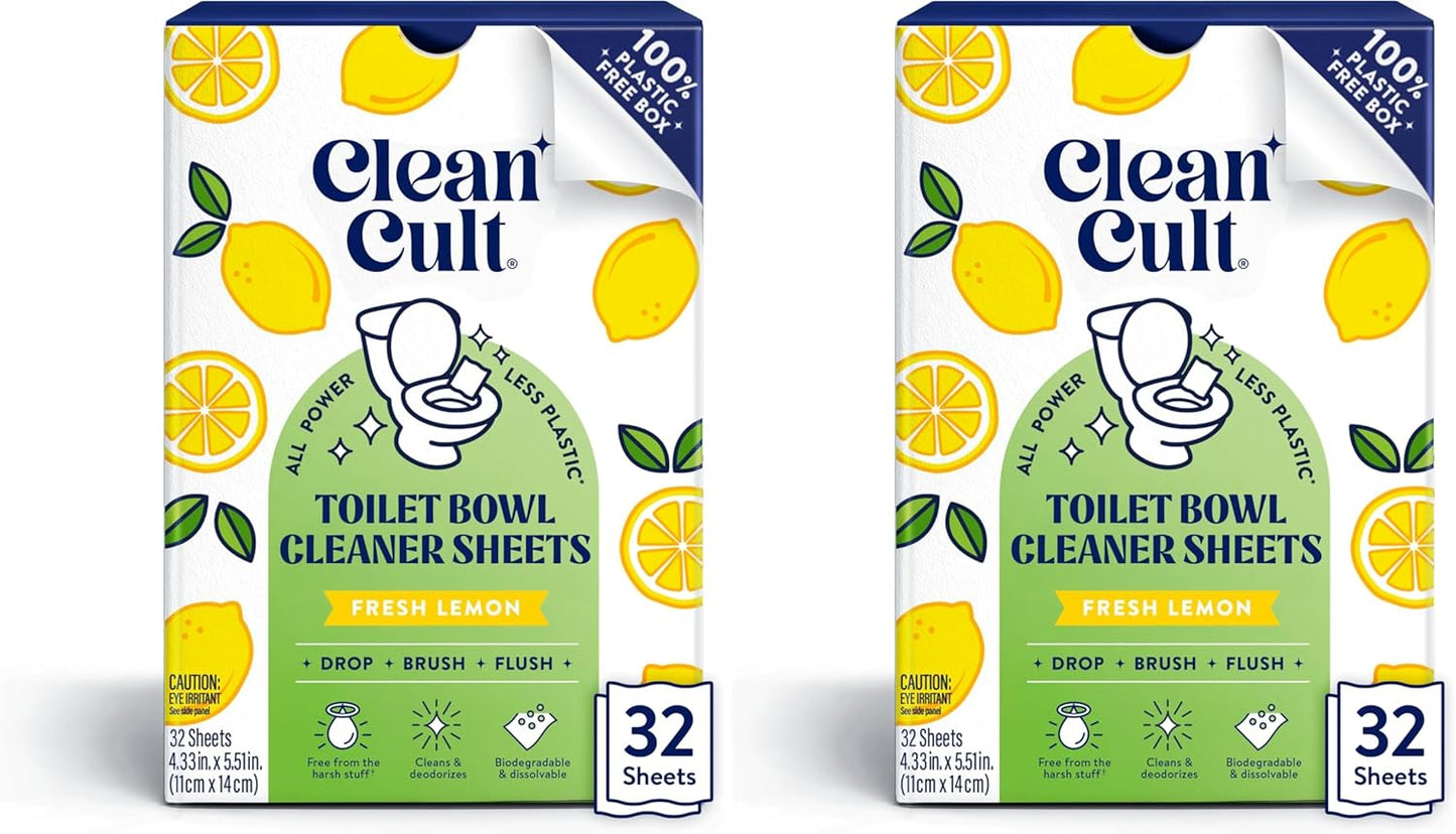 Cleancult Toilet Bowl Cleaner Sheets - Dissolvable, Septic Safe, Effective Cleaning, Removes Stains & Rings, Cleans & Deodorizes - 32 Uses - Fresh Lemon Scent - Plastic-Free Packaging