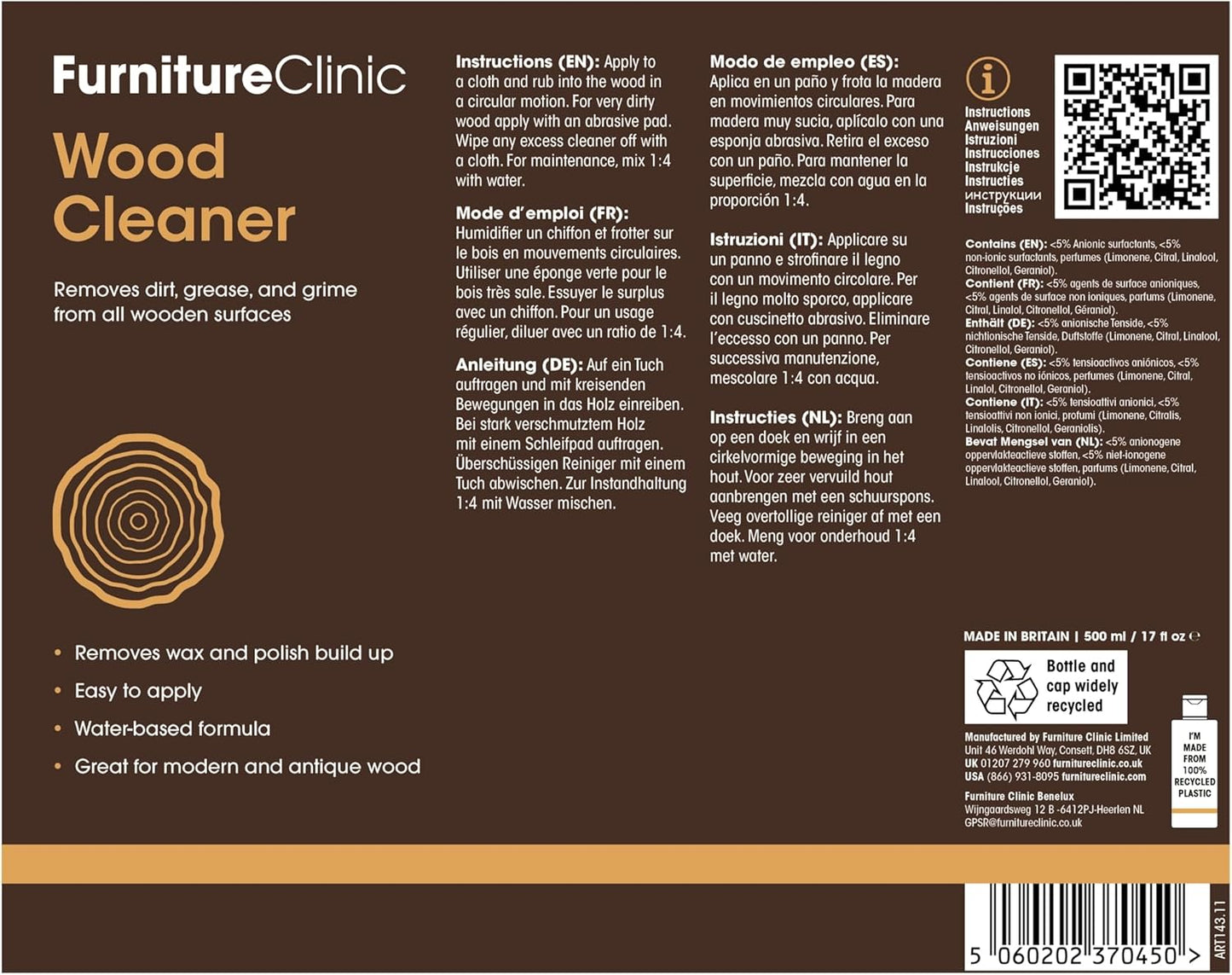 Furniture Clinic Wood Cleaner | Cleans Furniture, Shelves, Tables, Barstools, Cabinets & Other Wood Surfaces | Easily Remove Build Up, Grease and Dust | 8.5oz/250ml