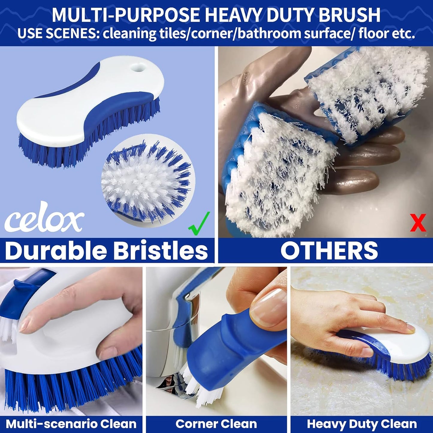 CELOX Kitchen Scrub Brush Set with Ergonomic Handle, Deep Cleaning Brushes, Include Dish Brush (Blue)