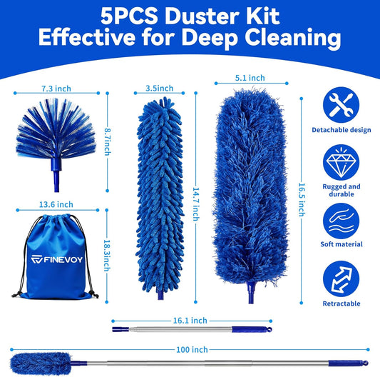 Dusters 6-in-1 Kit, Duster with Extension Pole 100 Inches, Dusters for Cleaning, Cobweb Duster, Microfiber Feather Gap Duster Cleaner for Fans, Blinds, Cars and Furniture