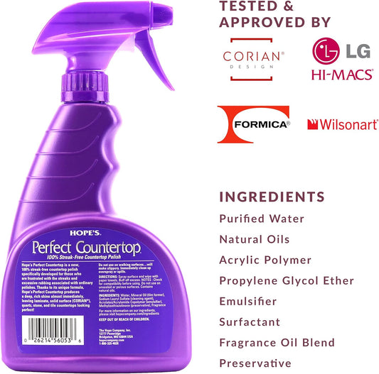 HOPE'S Perfect Countertop Cleaner and Polish 22-Ounce, Streak-Free Multi-Surface Cleaning Spray, Safe on Stone, Laminate, CORIAN, Granite, Quartz, Marble, Pack of 1