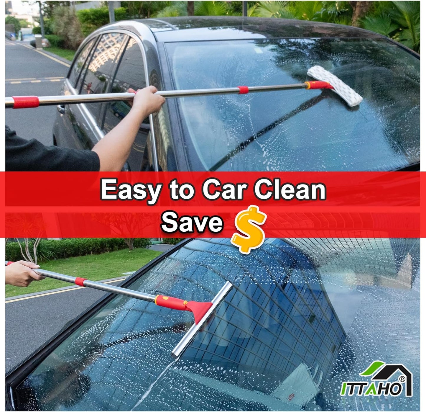 Window Washing Kit with Extension Pole, 10" Squeegee & 11" Microfiber Scrubber Combi with Stainless Steel Pole, Window Cleaner for Car, Sliding Door,Shower Glass Door-Swivel Style-2 Pads